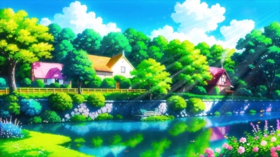 唯美插画河边别墅小屋