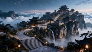 云雾古风瀑布山景