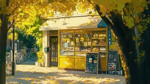 静谧秋日淡黄街角商店