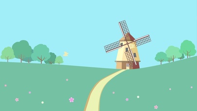 蓝天白云、风车、蝴蝶和草地