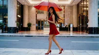 在商业步行街散步的撑红伞美女