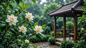 雨中凉亭与花朵
