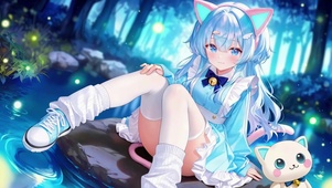 蓝发猫耳少女林间溪流夜景