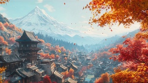 秋日宏伟雪山古城村落