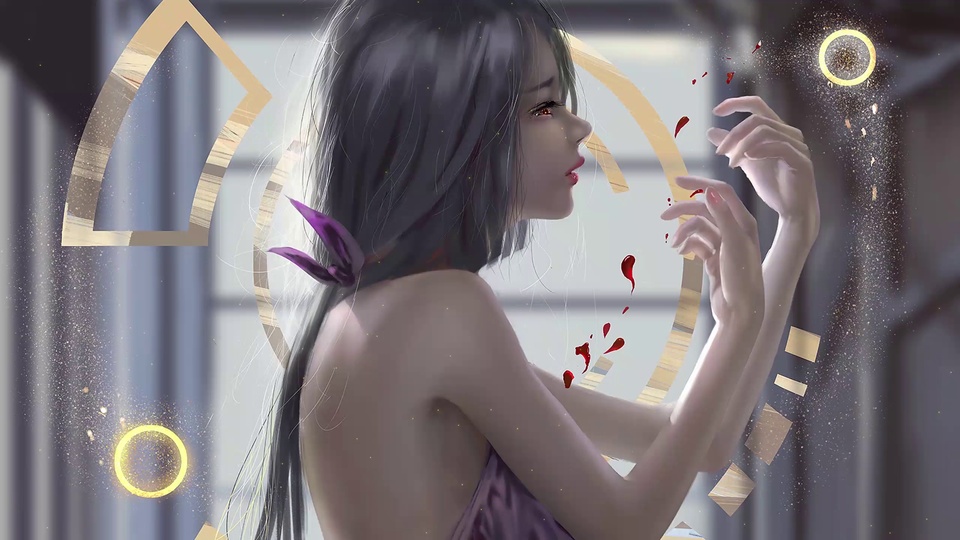 深紫长发少女侧身抬着手，旁侧飘着红滴与金色几何光效，背景为虚化浅灰格栅窗。