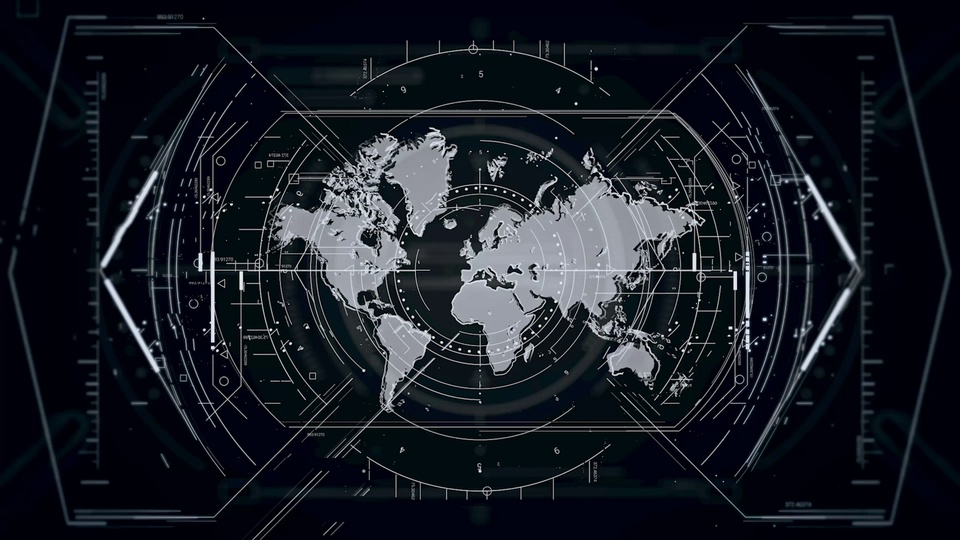 深黑色背景上的浅灰色科技风世界地图数据界面，外围环绕白色圆形刻度环与几何引导线。