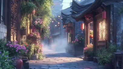 清晨古城雾气唯美街道