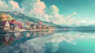 蓝天清新湖畔静谧小镇