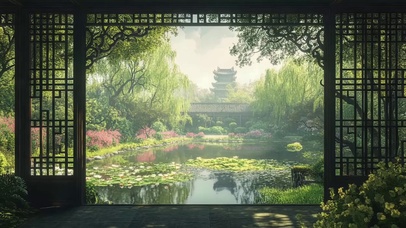 夏日绿色唯美古风池塘