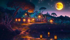 安静湖边夜晚小屋