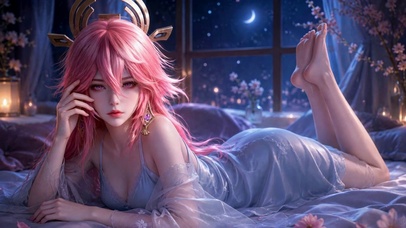 夜晚卧室粉发二次元美少女