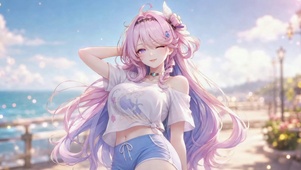 海边粉发眨眼美少女