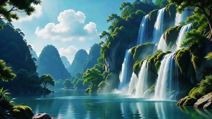 瀑布翠湖