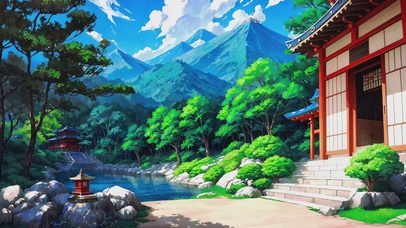 绿色护眼山中古风建筑