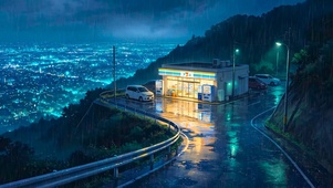 雨天山间路边商店