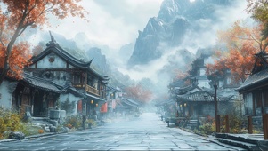 朦胧秋日静谧古城