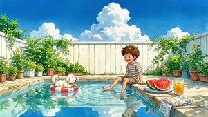 后院泳池边的夏日少年与小狗