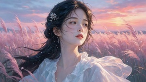 晚霞芦苇从女孩