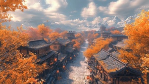 秋日晴天古城建筑街道