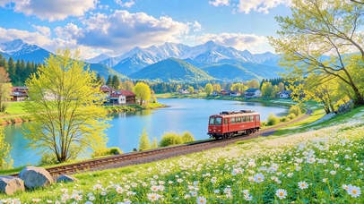 护眼乡村湖畔小火车