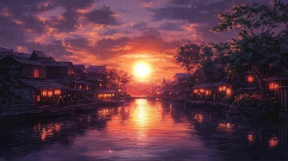 黄昏晚霞古风小镇河岸