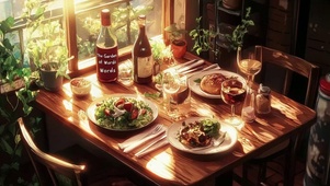 温馨傍晚阳光家庭晚餐