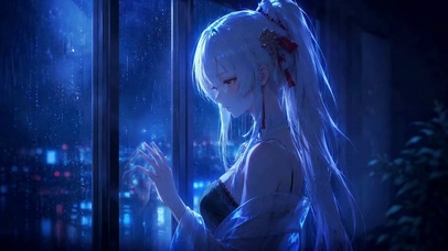 雨夜窗边银发二次元美少女绯雪