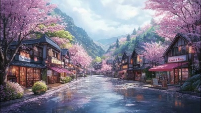 春日朦胧山下小镇街景