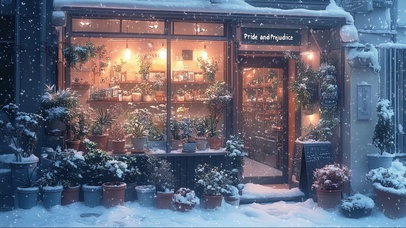 冬日城市街角绿植商店