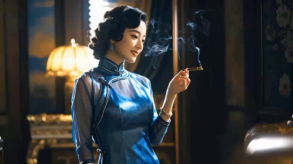 身着蓝白渐变旗袍的女性侧身而立，手举燃着青烟的金色烟夹，背景是暖光复古台灯与深色垂帘。