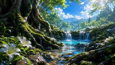 清新治愈林间溪流风景