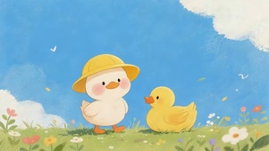 青草地的黄帽鸭伴