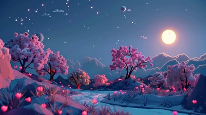 夜景树木河流夜色