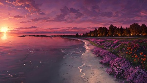 夕阳沙滩花田
