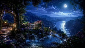 梦幻月夜河畔山谷风景