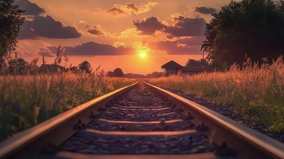 黄昏落日郊外铁路风景