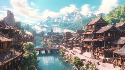 蓝天白云古风河岸小镇