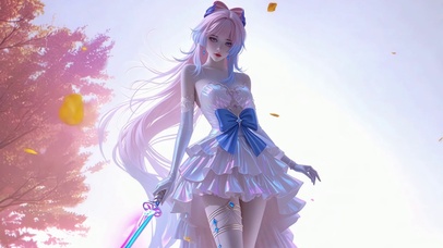 幻彩白裙的樱花树下少女