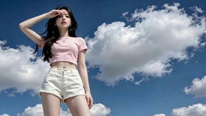 蓝天白云下的清纯美少女