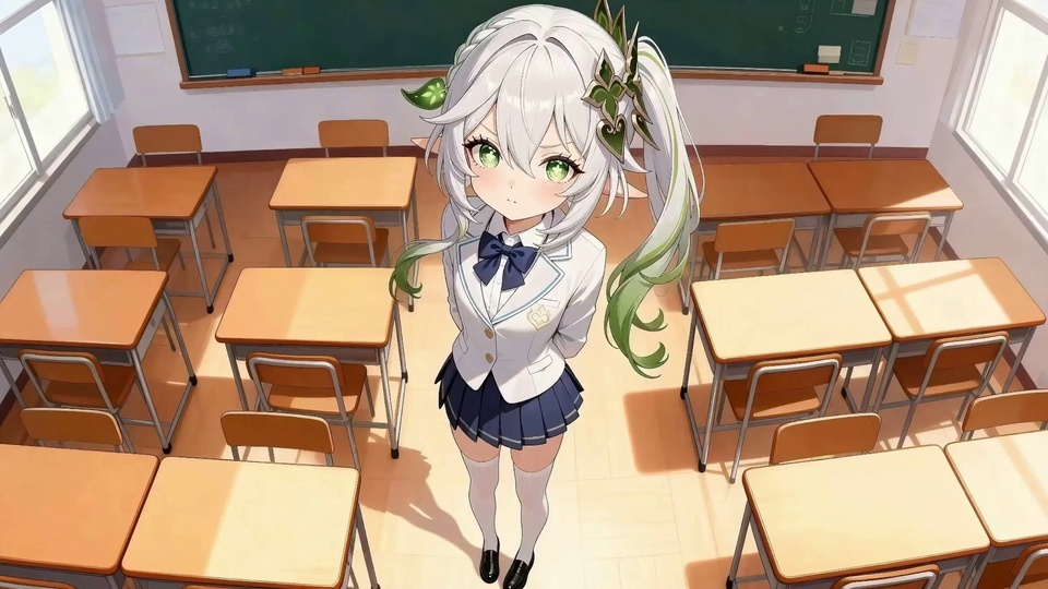 二次元插画，暖调日式教室中央站着身着白蓝校供制服的尖耳少女，周围是橙棕色课桌椅，后方有绿色黑板