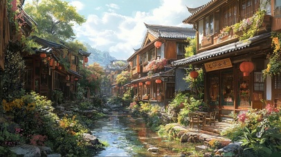 夏日古镇溪流两岸建筑