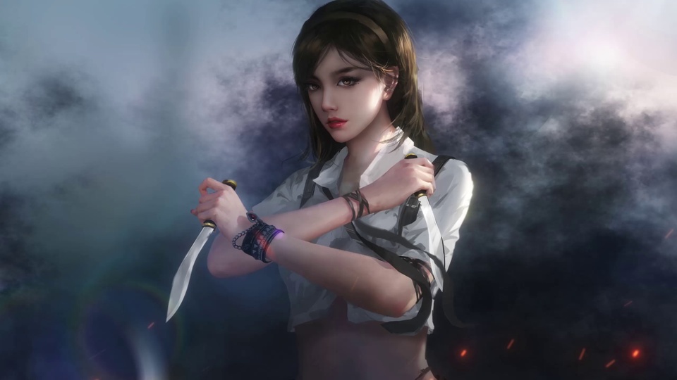 厚涂风格持双刀黑发少女 灰蓝雾霭朦胧背景