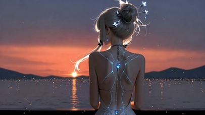 落日海边赛博美女背影