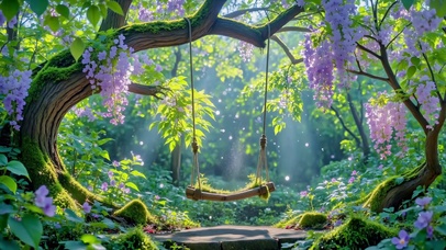 林间紫藤花下的秋千