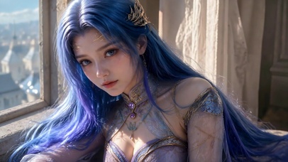 窗边蓝发精致古风美少女