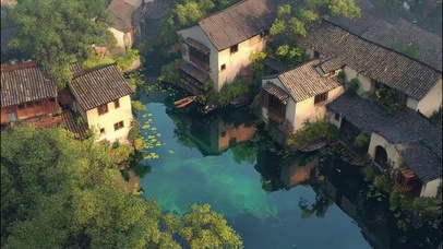 俯瞰古城夏日水乡建筑