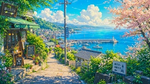 治愈插画海景小镇