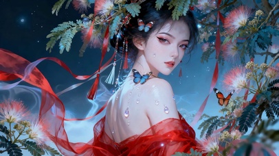 纯欲国风古风红衣树下浓妆女孩