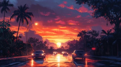 热带城市的唯美晚霞