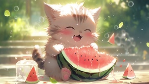 阳光下吃西瓜的小猫